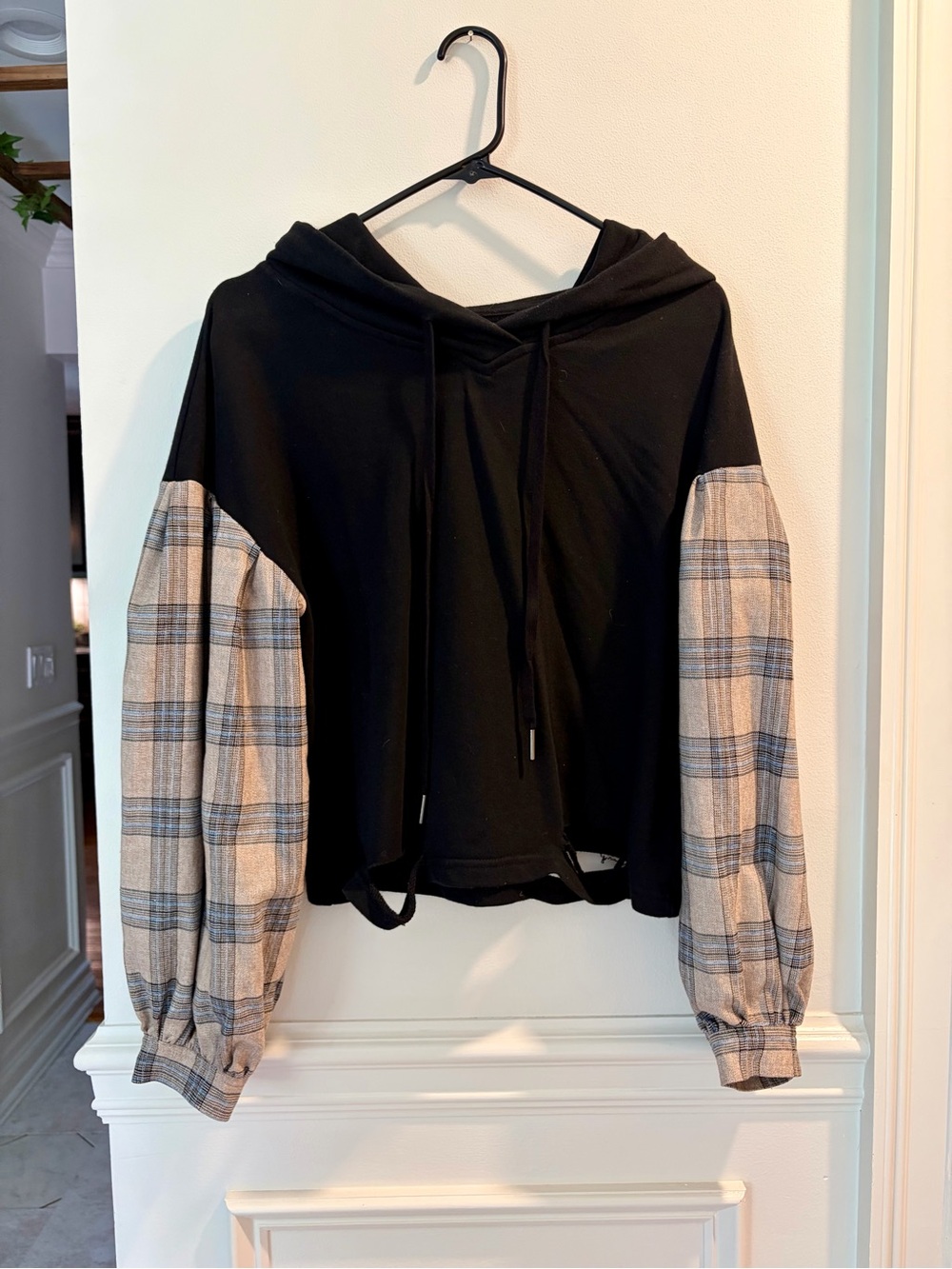 Dance & Marvel Plaid Balloon Sleeve Hooded Sweatshirt Top Small
